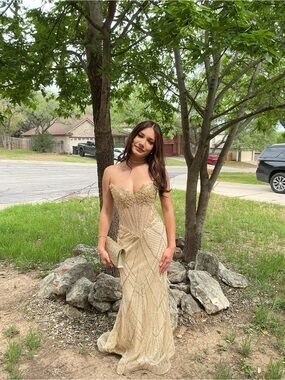 Gold Beaded Strapless Prom Dress